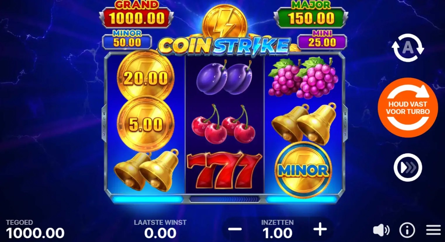 Coin Strike online slot reels with fruit symbols, bells and jackpot indicators.