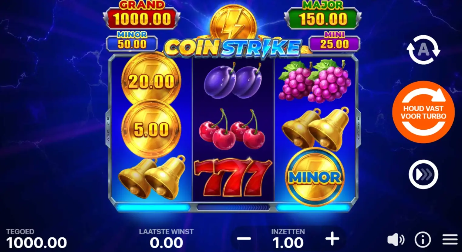 Coin Strike online slot reels with fruit symbols, bells and jackpot indicators.