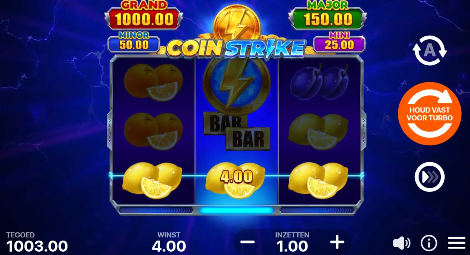 Coin Strike Hold and Win slot showing a small win during base game.